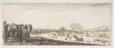 A procession of horse-drawn cannon carriages to left, horsemen in combat and a dead ho..., ca. 1641. Creator: Stefano della Bella