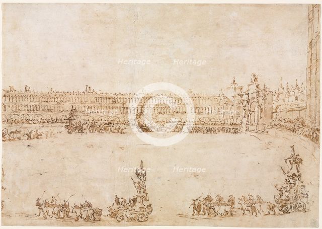 A Procession of Triumphal Cars in the Piazza San Marco, Venice, Celebrating the Visit..., 1782. Creator: Francesco Guardi (Italian, 1712-1793).