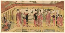 A procession of women holding shimadai decorations, c. 1789/1801. Creator: Utagawa Toyokuni I
