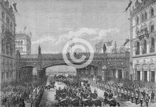 A procession in Farringdon Street passing under Holborn Viaduct, City of London, 1869. Artist: Anon