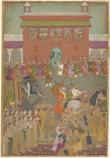 A Procession Scene with Musicians, from a copy of the Padshanama, c. 1650. Creator: Unknown