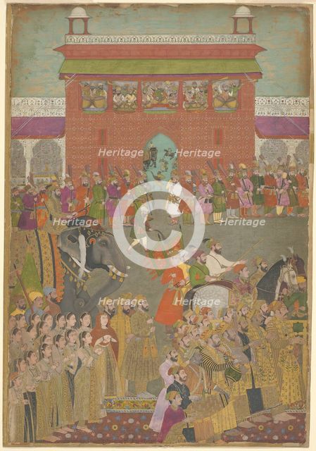 A Procession Scene with Musicians, from a copy of the Padshanama, c. 1650. Creator: Unknown.
