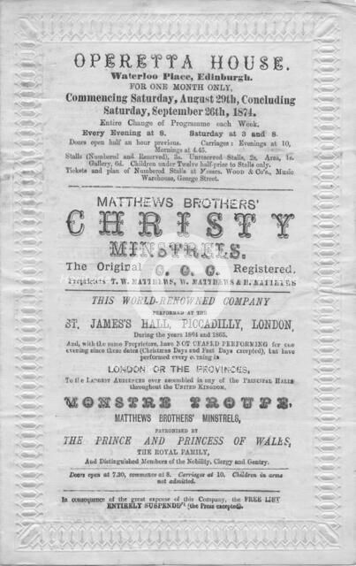 A programme of events to be stage at the Operetta House, Waterloo Place, Edinburgh', 1874. Artist: Unknown.