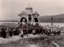 A prayer service at the laying of a railway bridge over the Yenisei River, 1896. Creator: IR Tomashkevich