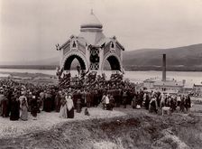 A prayer service at the laying of a railway bridge over the Yenisei River, 1896. Creator: IR Tomashkevich