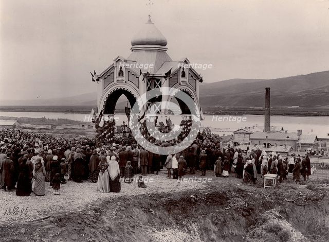 A prayer service at the laying of a railway bridge over the Yenisei River, 1896. Creator: IR Tomashkevich.