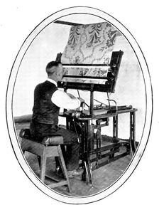 A preliminary to the weaving of figured goods: transferring a design to jacquard cards, 1909. Creator: Unknown