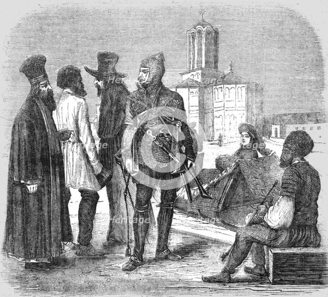 'A Priest, Peasant, Tartar Merchant, Russian Soldier, Lady in a Sledge, and a Jew, 1854. Creator: Unknown.