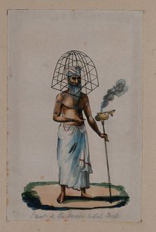 A priest with a protective cage (?) covering his head, holding a stick..., (between 1800 and 1899?). Creator: Unknown