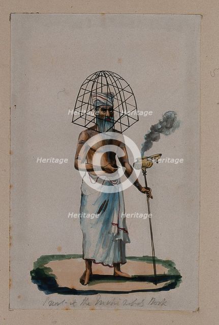 A priest with a protective cage (?) covering his head, holding a stick..., (between 1800 and 1899?). Creator: Unknown.