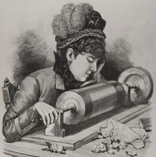 A "prima donna" singing by using Edison's phonograph receiver, 1878. Creator: Unknown