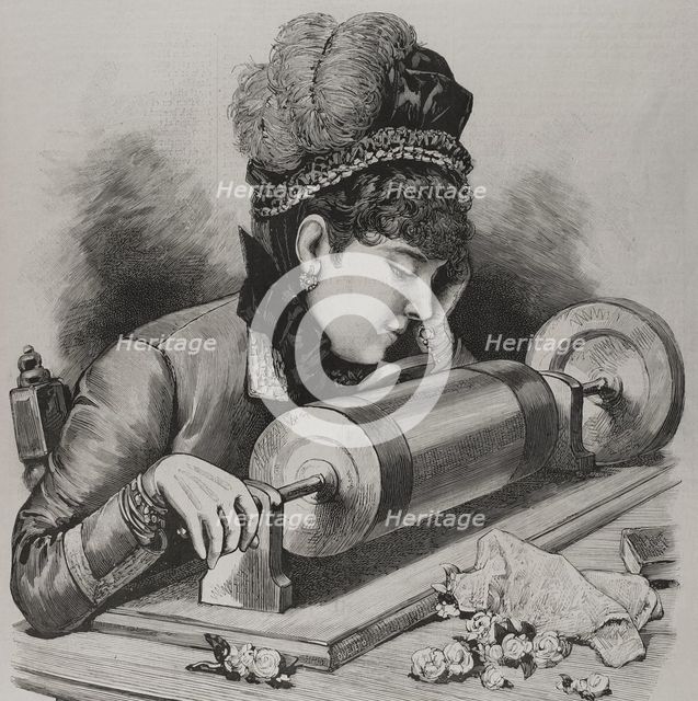A "prima donna" singing by using Edison's phonograph receiver, 1878. Creator: Unknown.