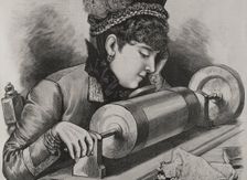 A "prima donna" singing by using Edison's phonograph receiver, 1878. Creator: Unknown