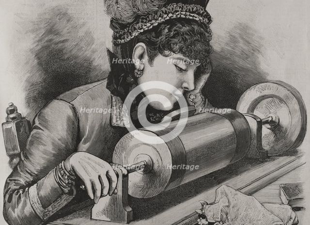 A "prima donna" singing by using Edison's phonograph receiver, 1878. Creator: Unknown.