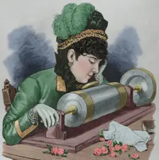 A "prima donna" singing by using Edison's phonograph receiver, New York, United States, 1878. Creator: Unknown
