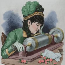 A "prima donna" singing by using Edison's phonograph receiver, New York, United States, 1878. Creator: Unknown