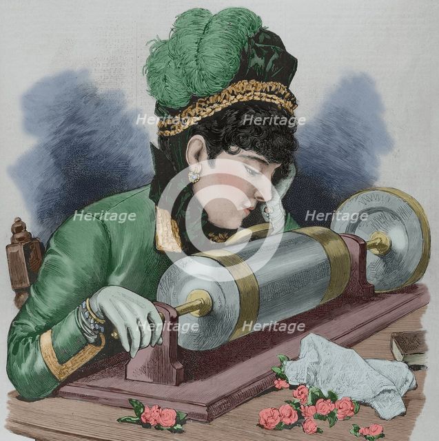 A "prima donna" singing by using Edison's phonograph receiver, New York, United States, 1878.   Creator: Unknown.