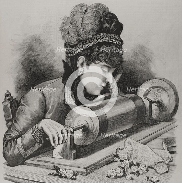 A "prima donna" singing by using Edison's phonograph receiver, 1878. Creator: Unknown.