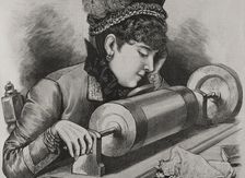 A "prima donna" singing by using Edison's phonograph receiver, 1878. Creator: Unknown