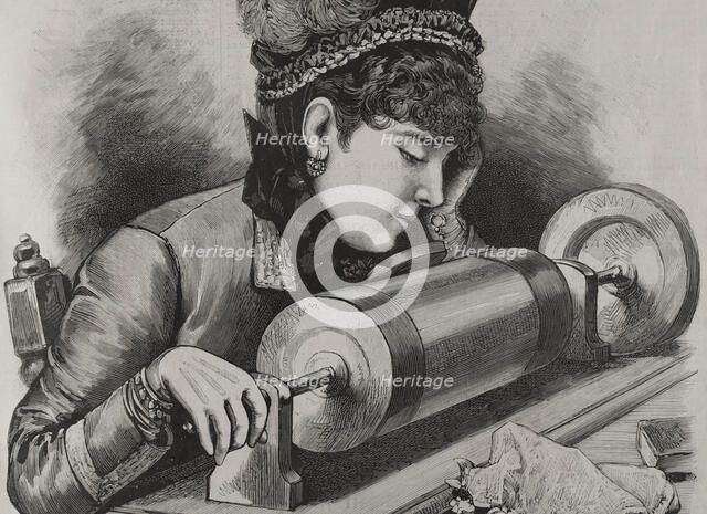 A "prima donna" singing by using Edison's phonograph receiver, 1878. Creator: Unknown.