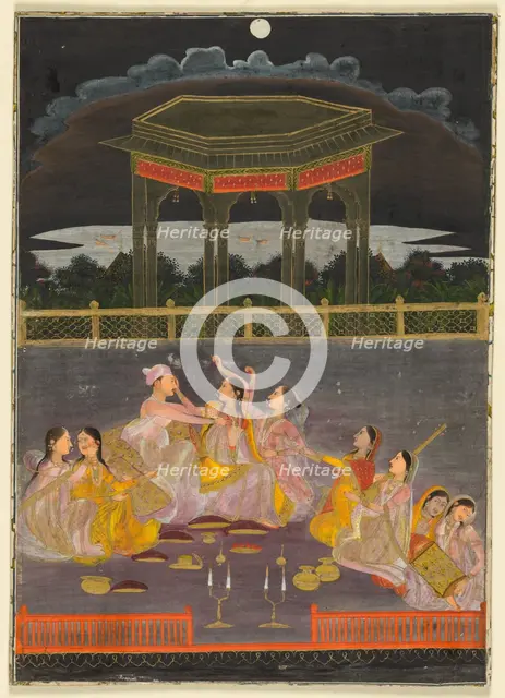 A prince celebrating Holi with palace women on a terrace at night, c. 1760. Creator: Unknown.
