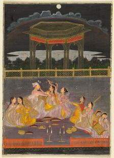 A prince celebrating Holi with palace women on a terrace at night, c. 1760. Creator: Unknown