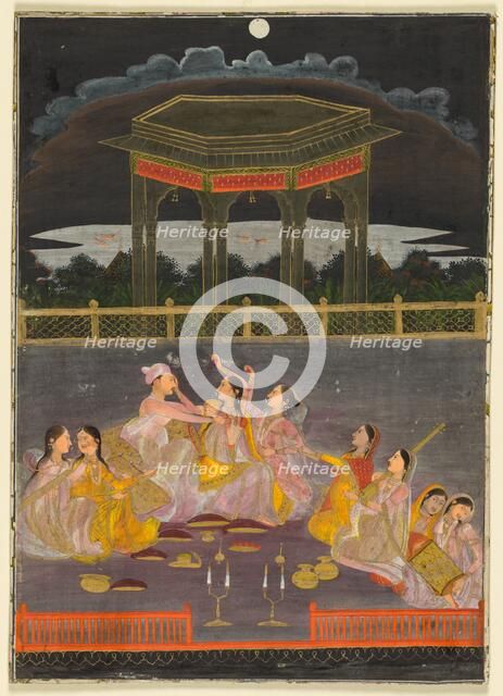 A prince celebrating Holi with palace women on a terrace at night; verso: calligraphy of a quatrain, Creator: Unknown.