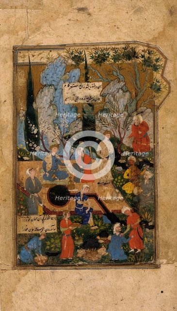 A Prince and Princess in a Garden: Illustrated Page from a manuscript of the Haft Awrang..., c1560. Creator: Unknown.