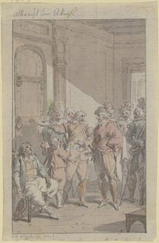 A prince with his retinue at a locked door, next to which sits an exhausted man. Creator: Christian Sambach