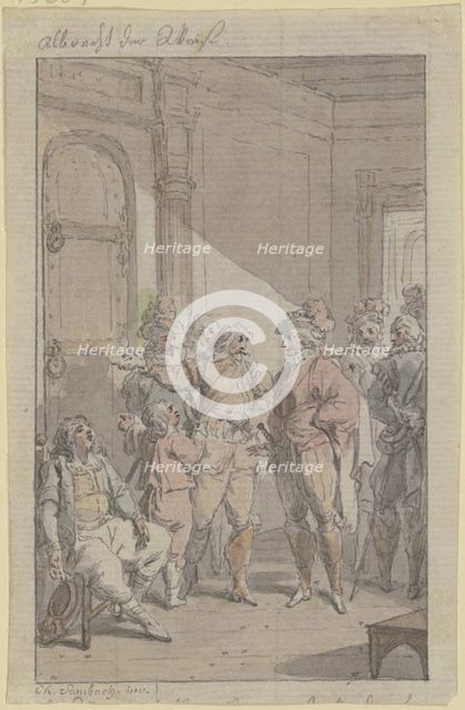 A prince with his retinue at a locked door, next to which sits an exhausted man. Creator: Christian Sambach.