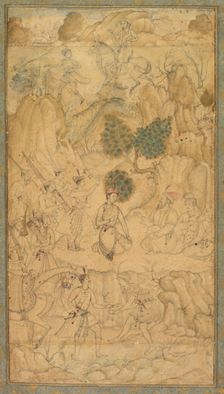 A prince visiting a holy man in a rocky landscape, c. 1590. Creator: Unknown