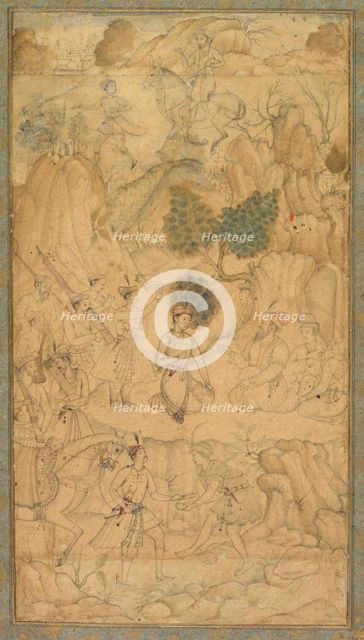A prince visiting a holy man in a rocky landscape, c. 1590. Creator: Unknown.