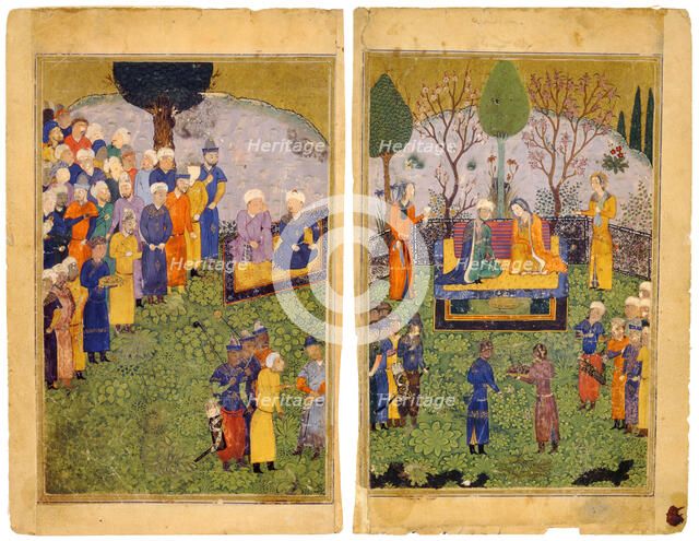 A Princely Couple with Courtiers in a Garden. From the Shahnama (Book of Kings). Artist: Iranian master  