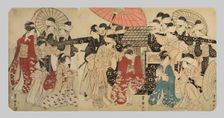 A princess traveling with her attendants descends from a palanquin, c. 1801/04. Creator: Utagawa Toyokuni I