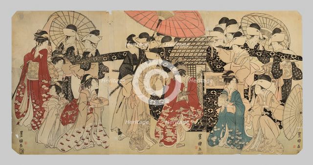 A princess traveling with her attendants descends from a palanquin, c. 1801/04. Creator: Utagawa Toyokuni I.