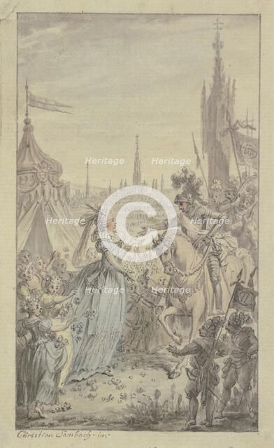 A princess and girls with flowers receive a knight on horseback in front of a tent.. Creator: Christian Sambach.