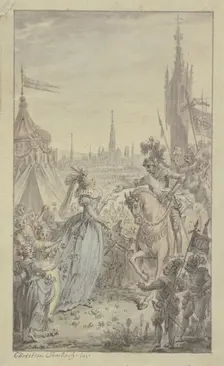 A princess and girls with flowers receive a knight on horseback in front of a tent.. Creator: Christian Sambach