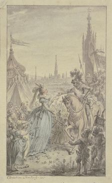 A princess and girls with flowers receive a knight on horseback in front of a tent.. Creator: Christian Sambach