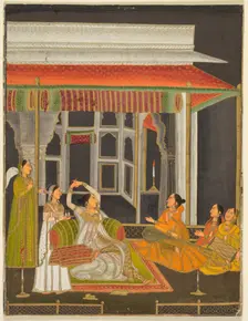 A princess on a terrace with attendants at night (recto); Calligraphy (verso), c. 1760. Creator: Unknown