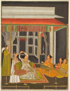 A princess on a terrace with attendants at night (recto); Calligraphy (verso), c. 1760. Creator: Unknown