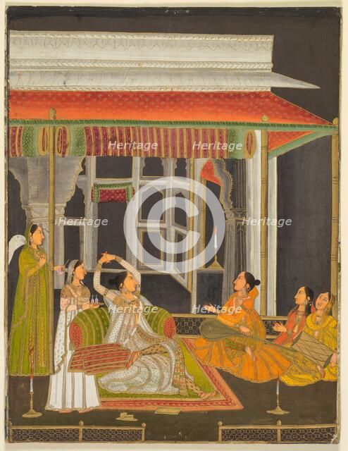 A princess on a terrace with attendants at night (recto); Calligraphy (verso), c. 1760. Creator: Unknown.