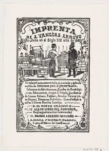 A print shop with a printer handing something to a gentleman..., ca. 1880-1910. Creator: José Guadalupe Posada
