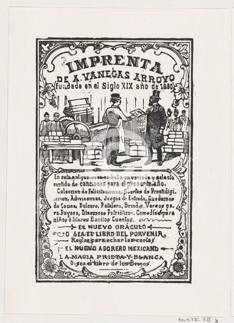 A print shop with a printer handing something to a gentleman..., ca. 1880-1910. Creator: José Guadalupe Posada.
