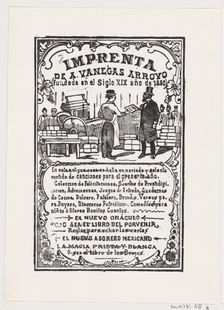 A print shop with a printer handing something to a gentleman..., ca. 1880-1910. Creator: José Guadalupe Posada