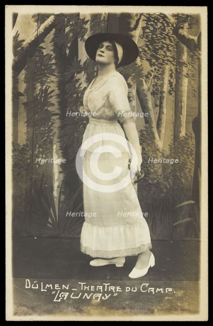 A prisoner of war acting in an internment camp in Dülmen, performing in drag, wear..., [1910-1919?]. Creator: Unknown.