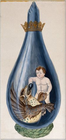 A putto pours a phial into a dragon's mouth, pumping a bellows with his other hand..., 1900-1909. Creator: Edith Annie Ibbs