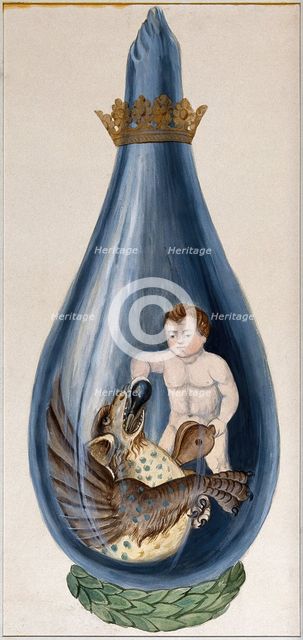 A putto pours a phial into a dragon's mouth, pumping a bellows with his other hand..., 1900-1909. Creator: Edith Annie Ibbs.