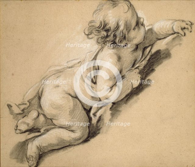 A putto reclining to right, mid 18th century. Creator: Francois Boucher.