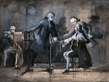 A quartet of musicians tuning up; two violinists point to their scores with their bows. Creator: Unknown