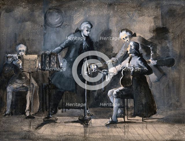 A quartet of musicians tuning up; two violinists point to their scores with their bows. Creator: Unknown.